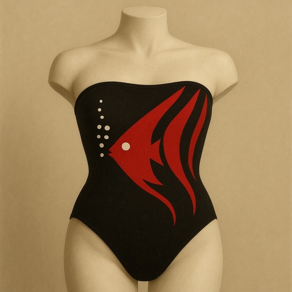 Rare Vintage Strapless Bold Fish One Piece Swimsuit S 80s - Picture 1 of 10